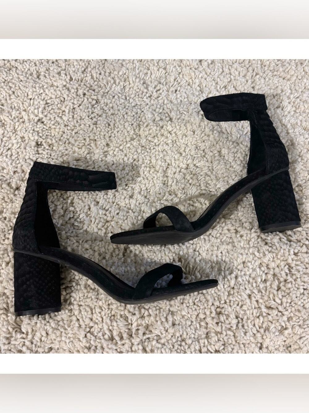 Jeffrey Campbell Laura Ankle Strap Block Heeled Sandals Embossed Black Suede 8.5